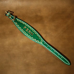 Greyhound or Large Lurcher Collar in Green Leather with Hand Tooled Name