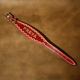 Whippet or Small Lurcher Collar in Maroon Leather Hand Tooled with Name
