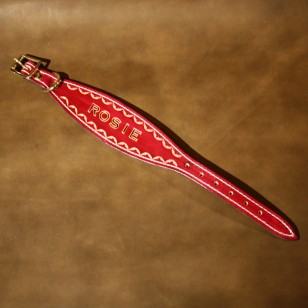 Greyhound or Large Lurcher Collar in Red Leather with Hand Tooled Name