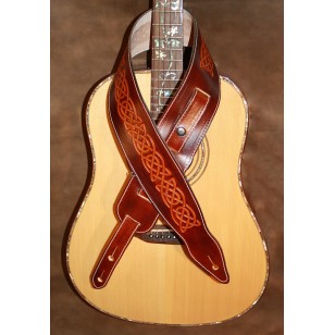 Guitar strap - 3" wide adjustable length 'Memphis' style custom leather guitar strap. Celtic design (Dark Brown and Saddle Tan)