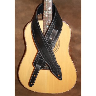 Guitar strap - 3" wide adjustable length 'Memphis' style custom leather guitar strap. Hand tooled (Black) Can be personalised