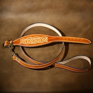 Whippet or Small Lurcher Collar and Matching Lead in Saddle Tan Leather with Celtic Design