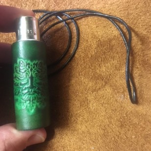 Lighter - Green Man Design Case with Refillable Lighter On Neck Cord (Antique Green Leather)