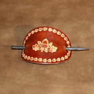 Hair Accessories - Tooled Acorn and Oak Leaf Design Brown Leather Hair Barrette or Hair Slide