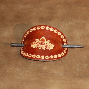 Hair Accessories - Tooled Acorn and Oak Leaf Design Brown Leather Hair Barrette or Hair Slide