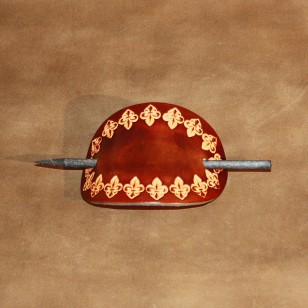 Hair Accessories - Tooled Fleur de Lys Design Brown Leather Hair Barrette or Hair Slide
