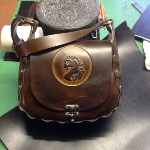 Bag - Aphrodite Style - Antique Dark Brown Leather Laced Shoulder Bag (Unicorn Design)