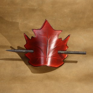 Hair Accessories - Leaf Shaped Red Leather Hair Barrette or Hair Slide