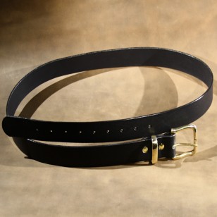 Belt - 1.5" wide, plain black leather finished with solid polished brass buckle