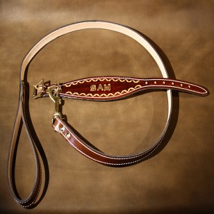 Whippet or Small Lurcher Collar and Matching Lead in Hand-Tooled Dark Brown Leather with free name